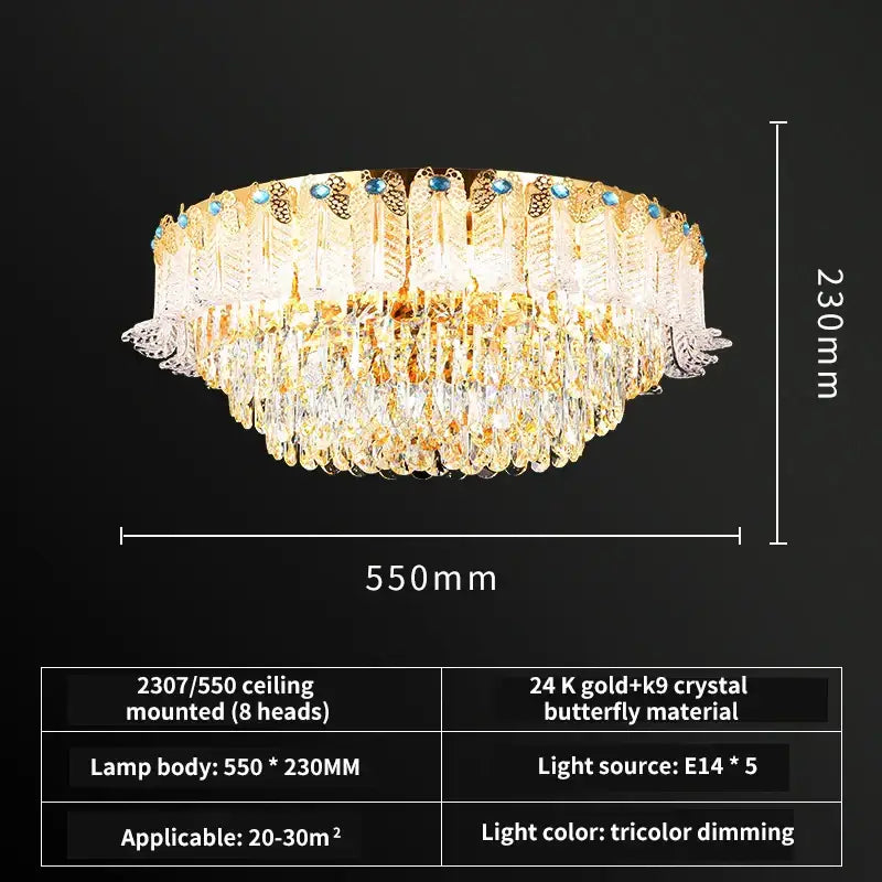 Luxury gold crystal candle chandelier with cascading crystal butterflies and blue gemstone accents for dining room decorbites crystal candle