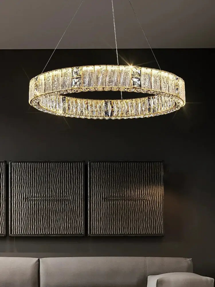 Luxury gold crystal ceiling chandelier with double ring led design and clear faceted prisms for decorbites crystal ceiling decor