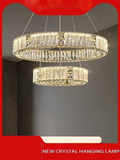 Luxury gold crystal ceiling chandelier with double ring design and faceted clear crystals by decorbites crystal ceiling