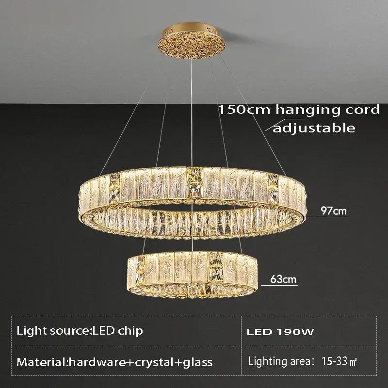 Luxury gold crystal ceiling chandelier with double ring LED design and glass accents for dining room decorbites crystal ceiling