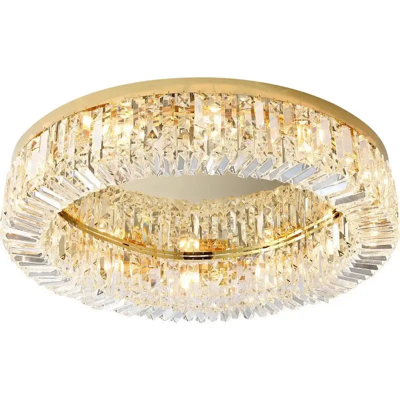 Luxury gold crystal ceiling chandelier featuring two concentric rings of faceted crystal prisms for dining room decorbites crystal ceiling
