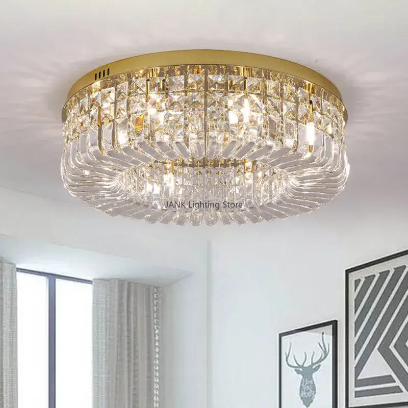 Luxury gold crystal ceiling chandelier with gold-toned frame and clear faceted prisms for decorbites crystal ceiling decor