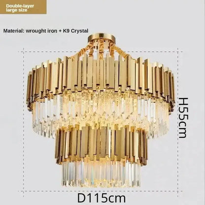 Luxury gold crystal ceiling chandelier with double-layer vertical wrought iron bars and hanging k9 crystal prisms decorbites crystal ceiling