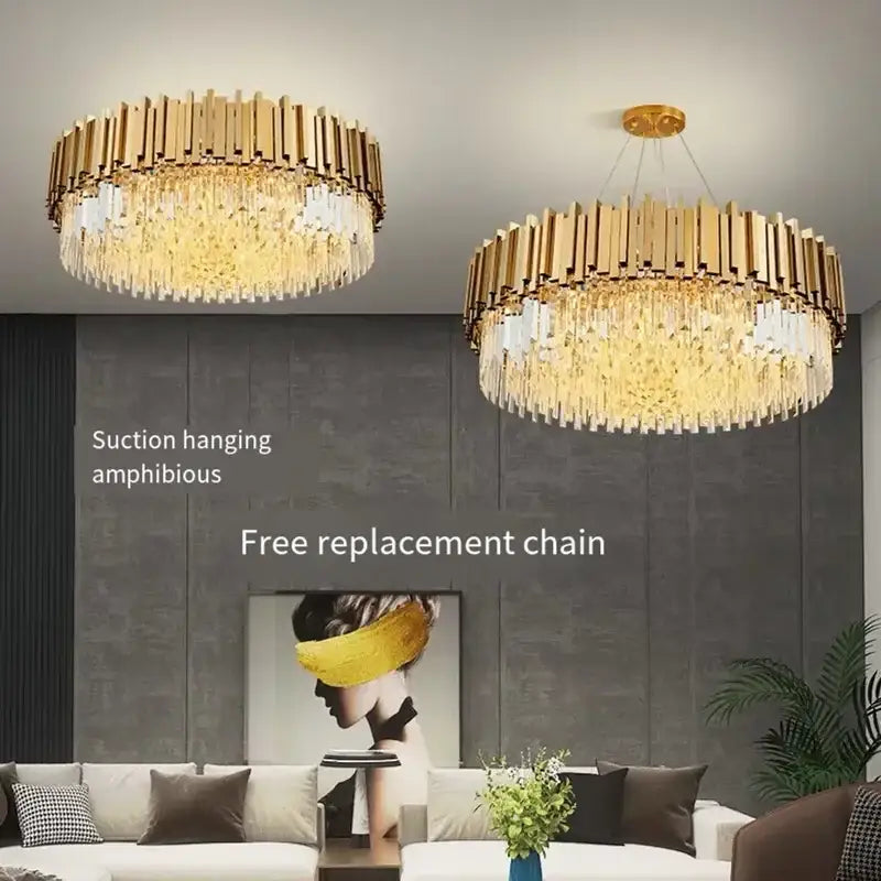 Luxury gold crystal ceiling chandelier with vertical metallic bars and cascading crystal droplets for decorbites crystal ceiling decor
