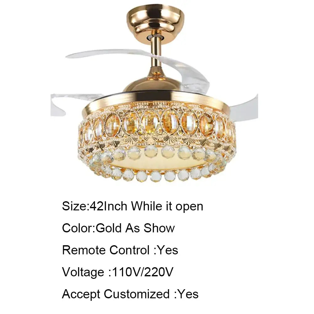 Luxury gold crystal ceiling fan light with decorative chandelier design and translucent blades for living room use
