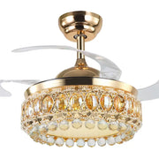 Luxury gold crystal ceiling fan light with crystal embellishments and translucent blades for living room use
