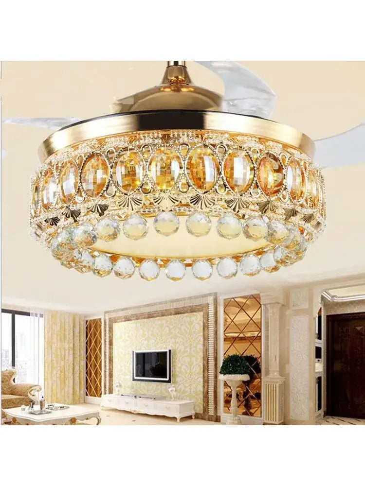Luxury gold crystal ceiling fan light with crystal accents and circular design for living room ceiling fan use