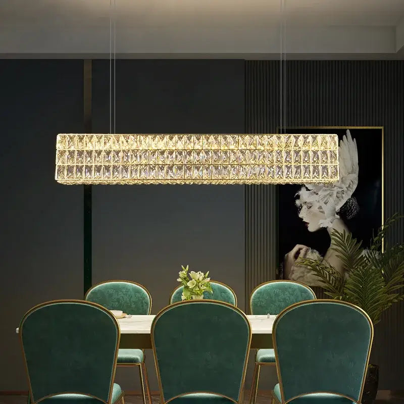 Luxury gold crystal circle pendant chandelier featuring gold-toned rectangular frame with faceted crystal panels for dining room decorbites crystal circle lighting