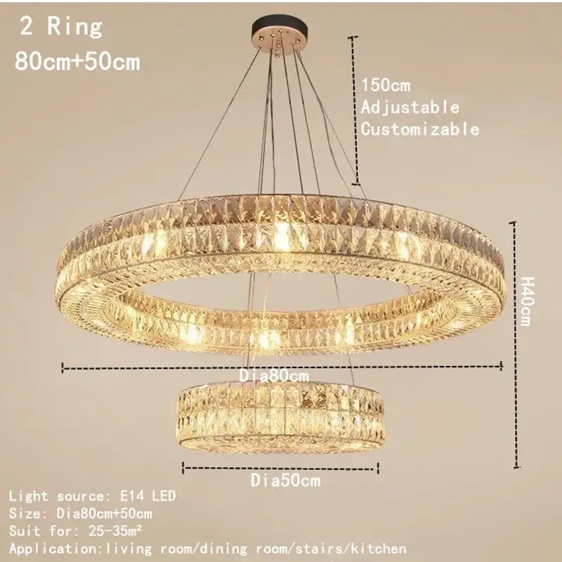 Luxury gold crystal circle pendant chandelier with two-tiered clear faceted crystals and led lights for dining room decorbites crystal circle