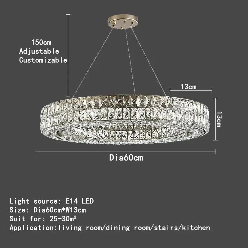 Luxury gold crystal circle pendant chandelier with clear faceted crystals in a silver metal decorbites crystal circle design