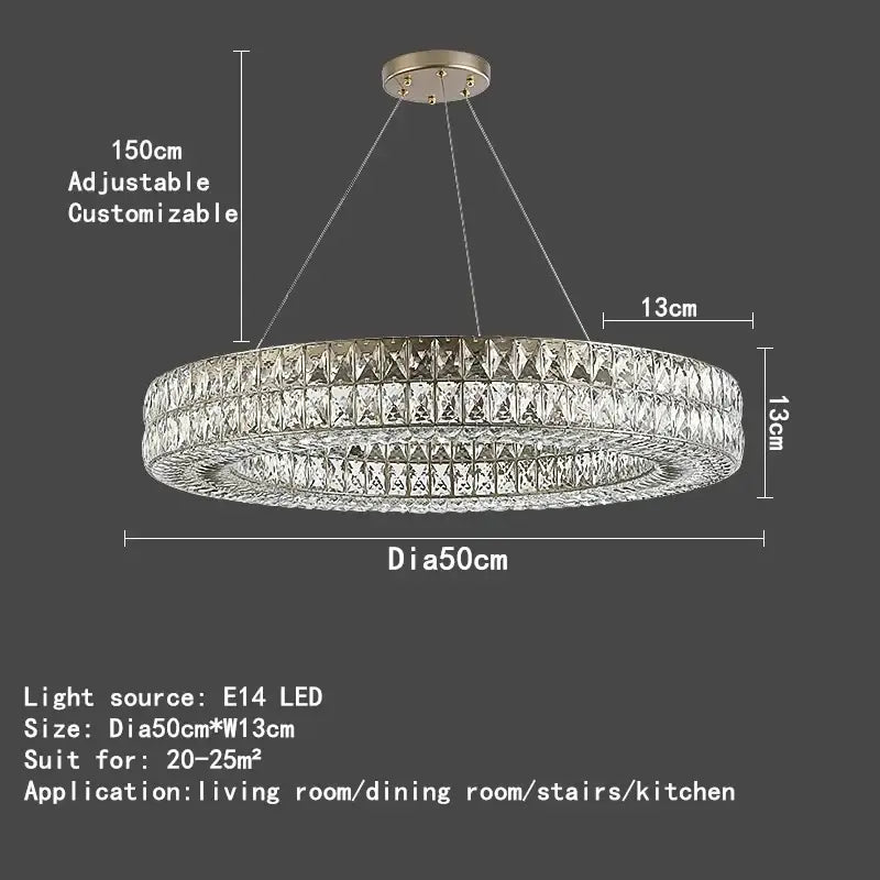 Luxury gold crystal circle pendant chandelier with double-tiered design and adjustable hanging chains for dining room lighting
