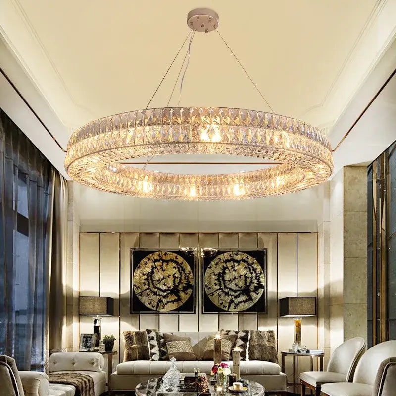 Luxury gold crystal circle pendant chandelier with double-ring design and warm glowing light for dining room decorbites crystal circle