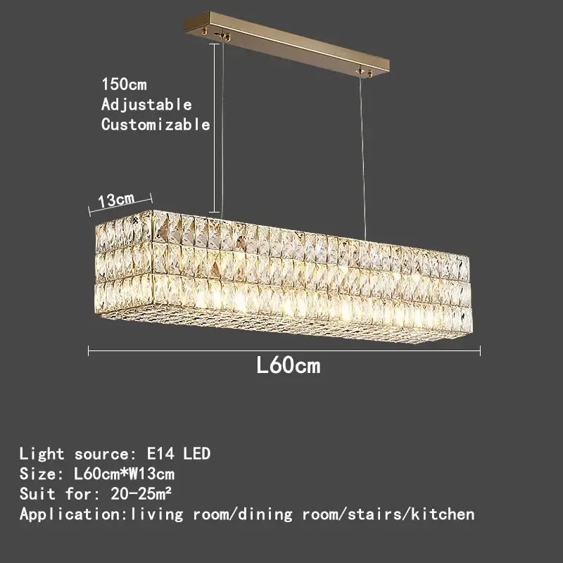 Luxury gold crystal circle pendant chandelier with rectangular tiers of clear faceted crystals for dining room lighting
