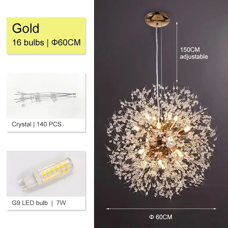 Luxury gold crystal decorbites dandelion chandelier with 16 led bulbs and 140 clear crystals for living room light