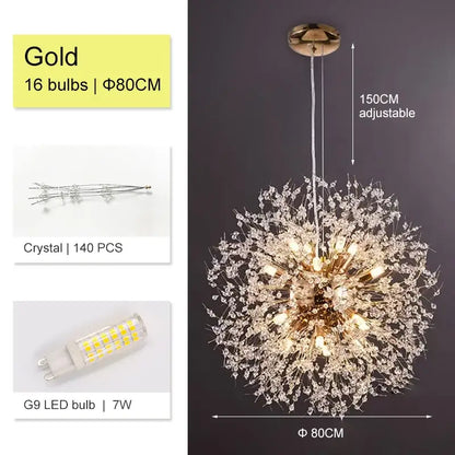 Luxury gold decorbites dandelion chandelier with 16 led bulbs and 140 clear crystal accents for living room lighting
