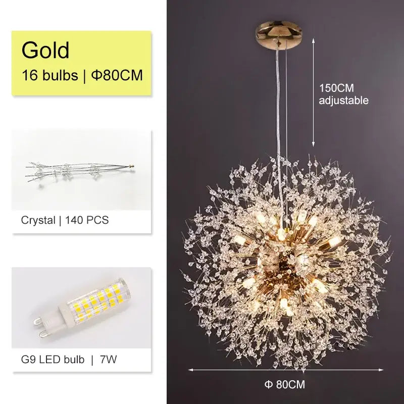 Luxury gold decorbites dandelion chandelier with 16 led bulbs and 140 clear crystal accents for living room lighting