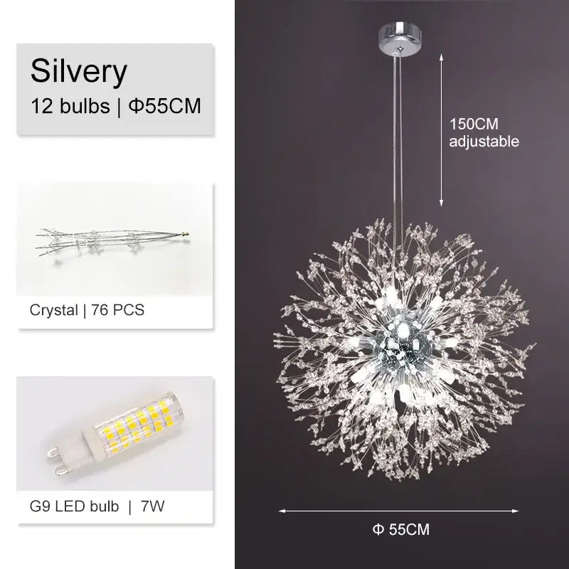 Luxury gold crystal decorbites dandelion chandelier with 12 g9 led bulbs and 76 sparkling silver crystals for living room light