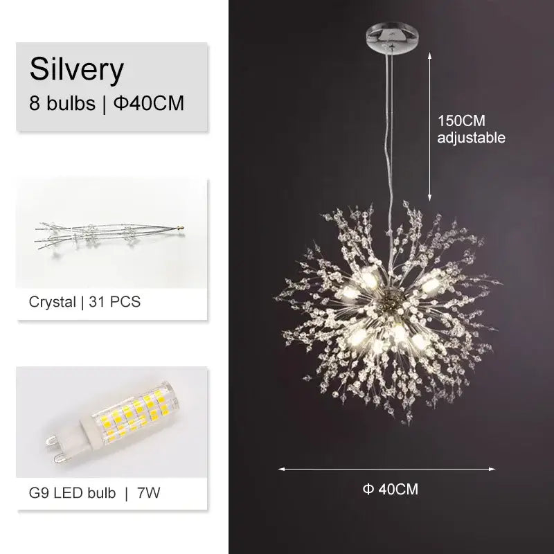 Silver decorbites dandelion chandelier with 8 g9 led bulbs and 31 crystal accents for luxury living room light