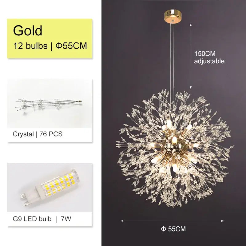 Luxury gold crystal decorbites dandelion chandelier with 12 g9 led bulbs and 76 clear crystal accents for living room lighting
