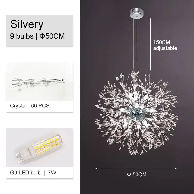 Silver decorbites dandelion chandelier with 9 led bulbs and 60 crystal accents for luxury living room decor