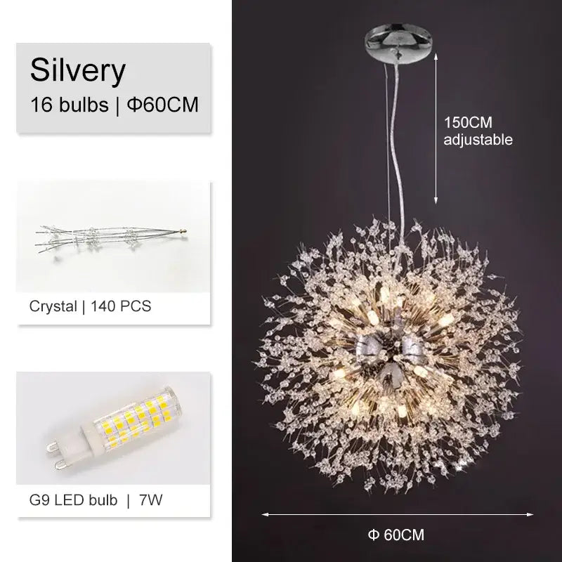 Luxury gold crystal decorbites dandelion chandelier with 16 led bulbs and 140 crystal accents for living room light