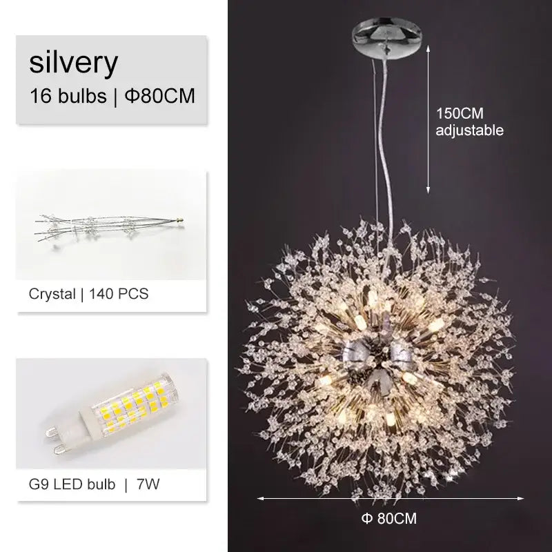 A sparkling silver decorbites dandelion chandelier with 16 led bulbs and 140 crystal accents for living room light