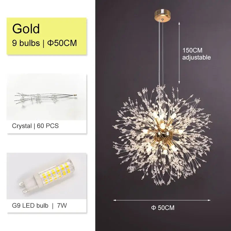Luxury gold crystal decorbites dandelion chandelier with 9 led bulbs and 60 clear crystals for living room lighting