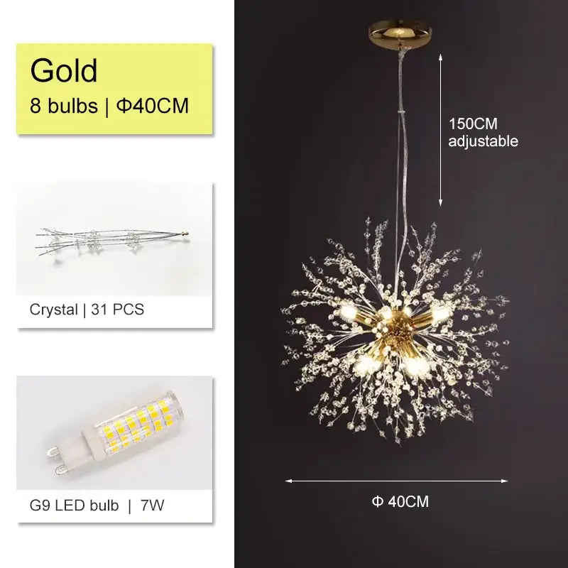 Luxury gold crystal decorbites dandelion chandelier with 8 g9 led bulbs and 31 crystal pieces for living room lighting