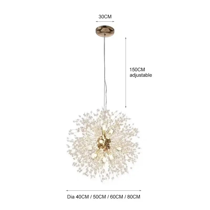 A luxury gold decorbites dandelion chandelier with a spherical design and clear crystal strands for living room lighting