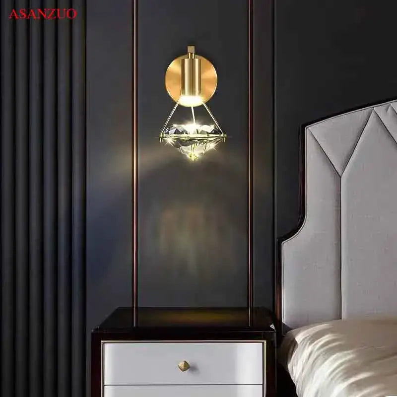 Luxury gold wall sconce featuring a decorbites crystal diamond led geometric pendant for bedroom lighting decor
