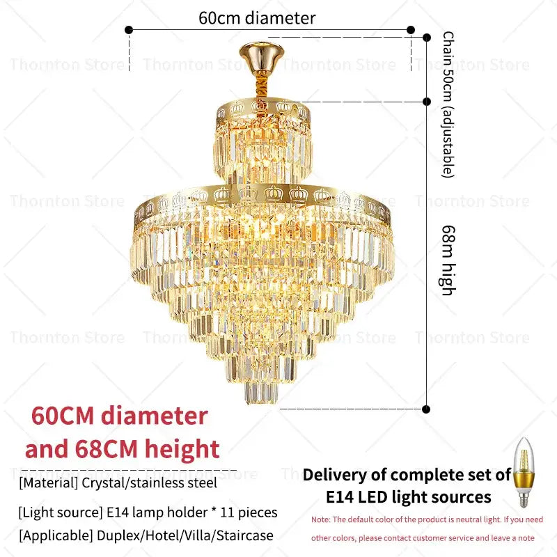 Luxury gold crystal duplex chandelier with tiered design and stainless steel accents for living room decorbites crystal duplex