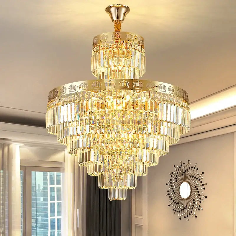 Luxury gold crystal duplex chandelier with cascading clear prisms for living room decorbites crystal duplex decor