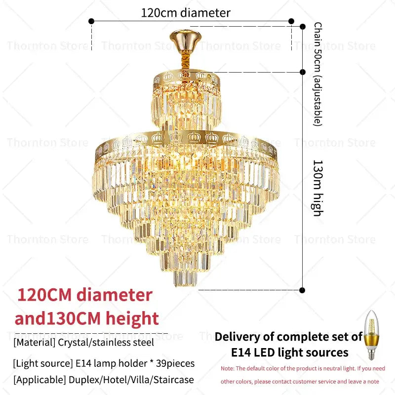 Luxury gold crystal duplex chandelier with stainless steel accents and crystal droplets for living room decorbites decor