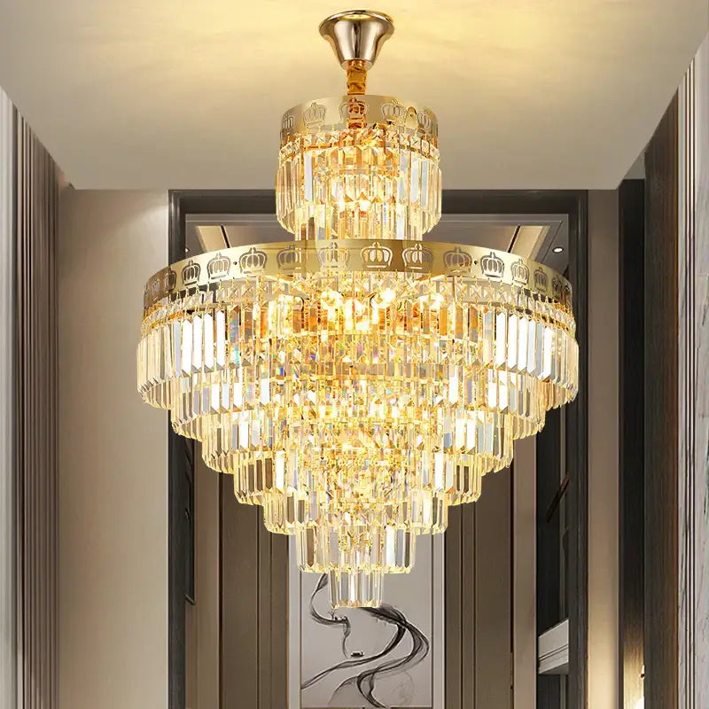 Luxury gold crystal duplex chandelier with crown decor featuring clear crystal prisms for living room by decorbites crystal duplex