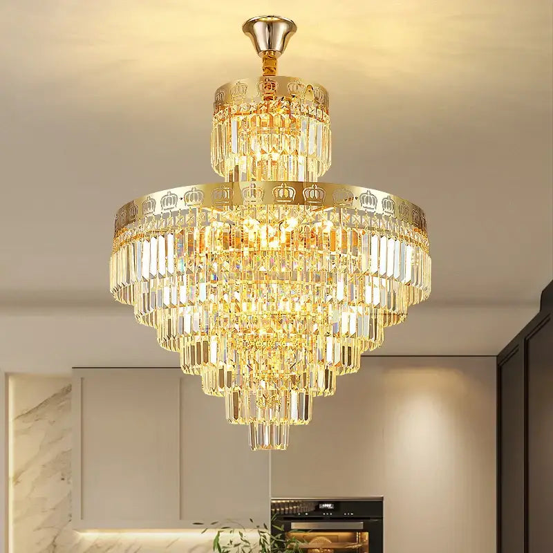 Luxury gold crystal duplex chandelier with cascading crystal tiers and crown motifs for living room decorbites crystal duplex