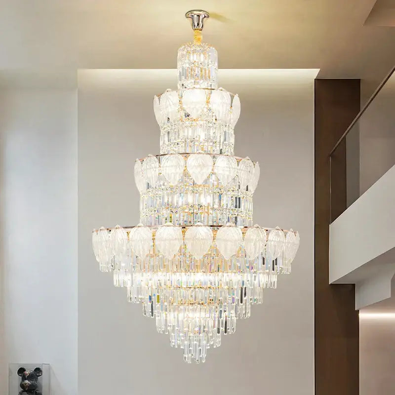 Luxury gold crystal duplex villa chandelier with polished metal frame and cascading clear glass prisms for living room decorbites crystal duplex