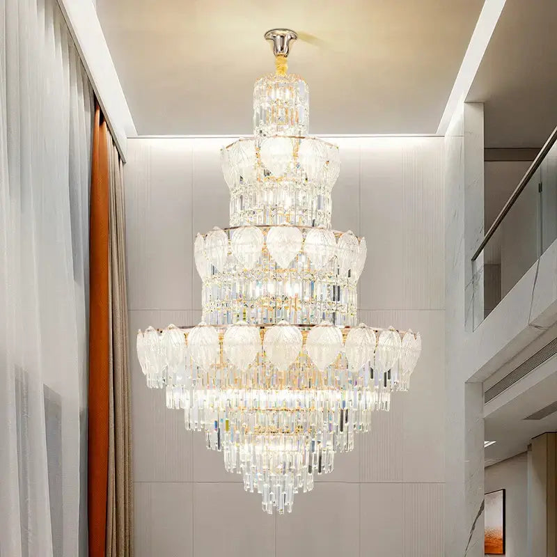 Luxury gold crystal duplex villa chandelier with polished brass finish and heart-shaped glass elements for living room decorbites crystal duplex