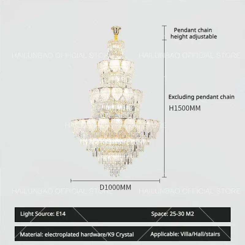 Luxury gold crystal duplex villa chandelier featuring electroplated hardware and k9 crystals for elegant decorbites crystal duplex lighting