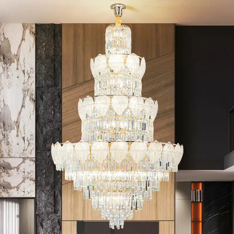 Luxury gold crystal duplex villa chandelier with multi-tiered clear faceted glass for elegant living room decorbites crystal duplex