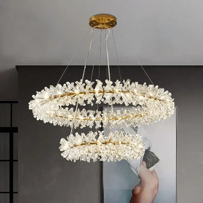 Luxury gold crystal flower chandelier with double-tiered metal frames and cascading clear crystal shards for living room decorbites crystal flower lighting