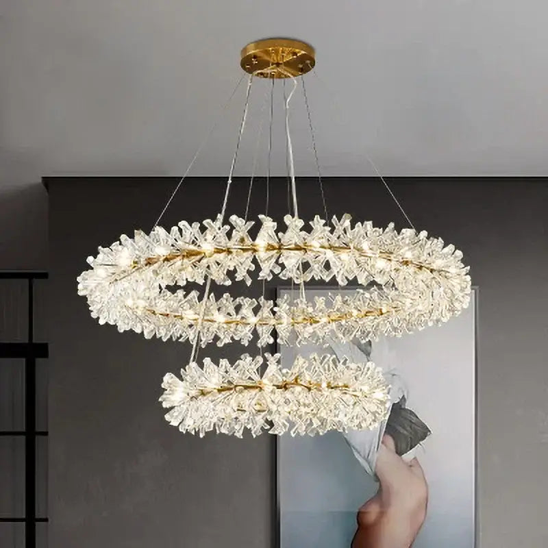 Luxury gold crystal flower chandelier with double-tiered metal frames and cascading clear crystal shards for living room decorbites crystal flower lighting