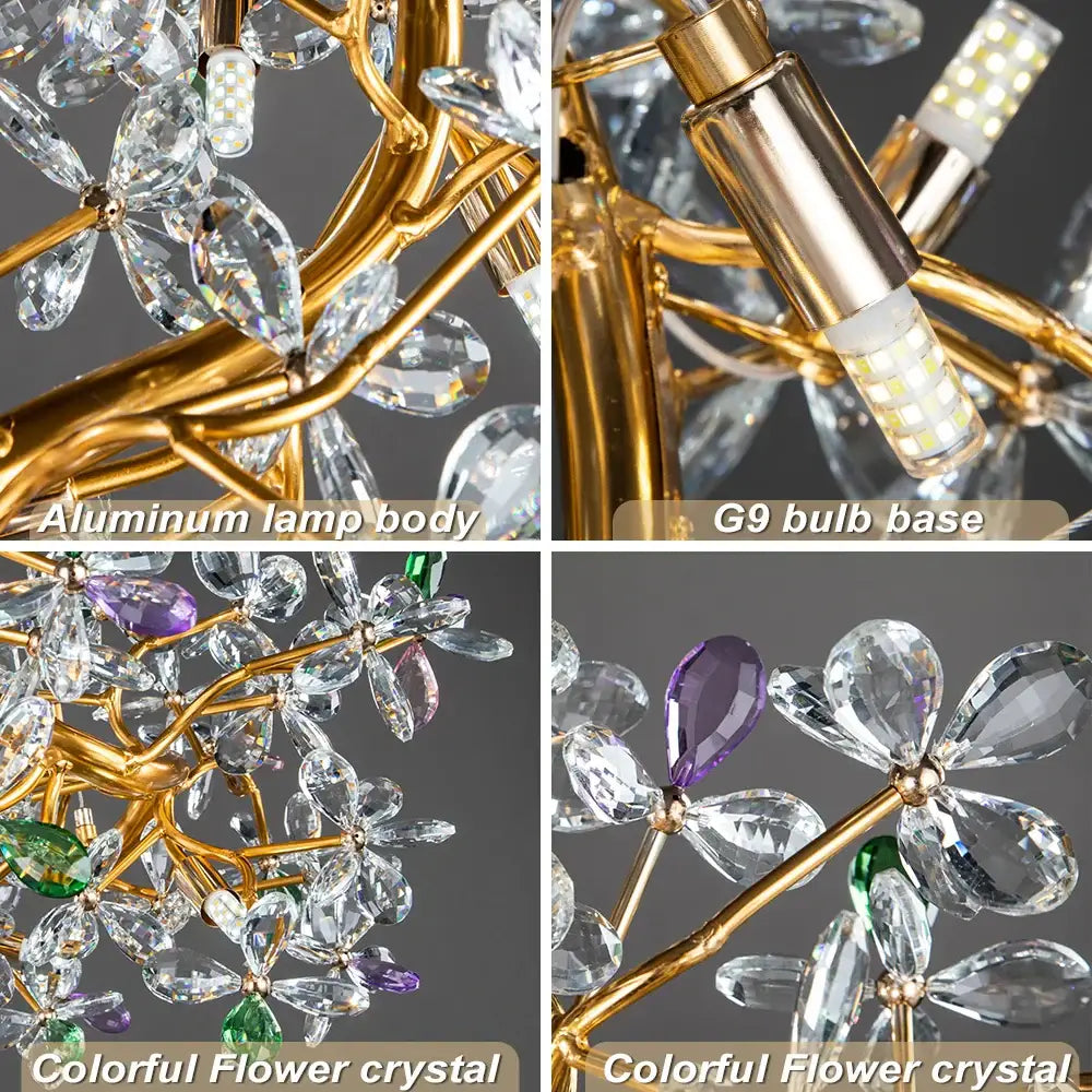 Luxury gold crystal flowers chandelier with delicate branch design and colorful crystals for dining room decorbites crystal flowers