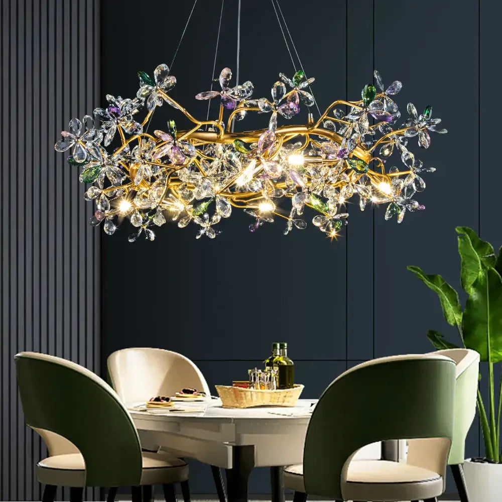 Luxury gold crystal flowers chandelier with clear purple and green decorbites crystal flowers for dining room decor