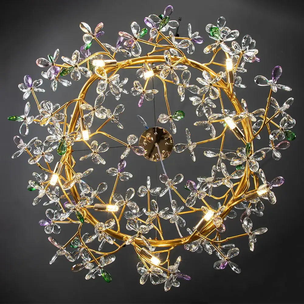 Luxury gold crystal flowers chandelier dining room light featuring decorbites crystal flowers in green purple and clear gemstones
