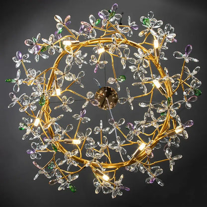 Luxury gold crystal flowers chandelier dining room light featuring decorbites crystal flowers in green purple and clear gemstones
