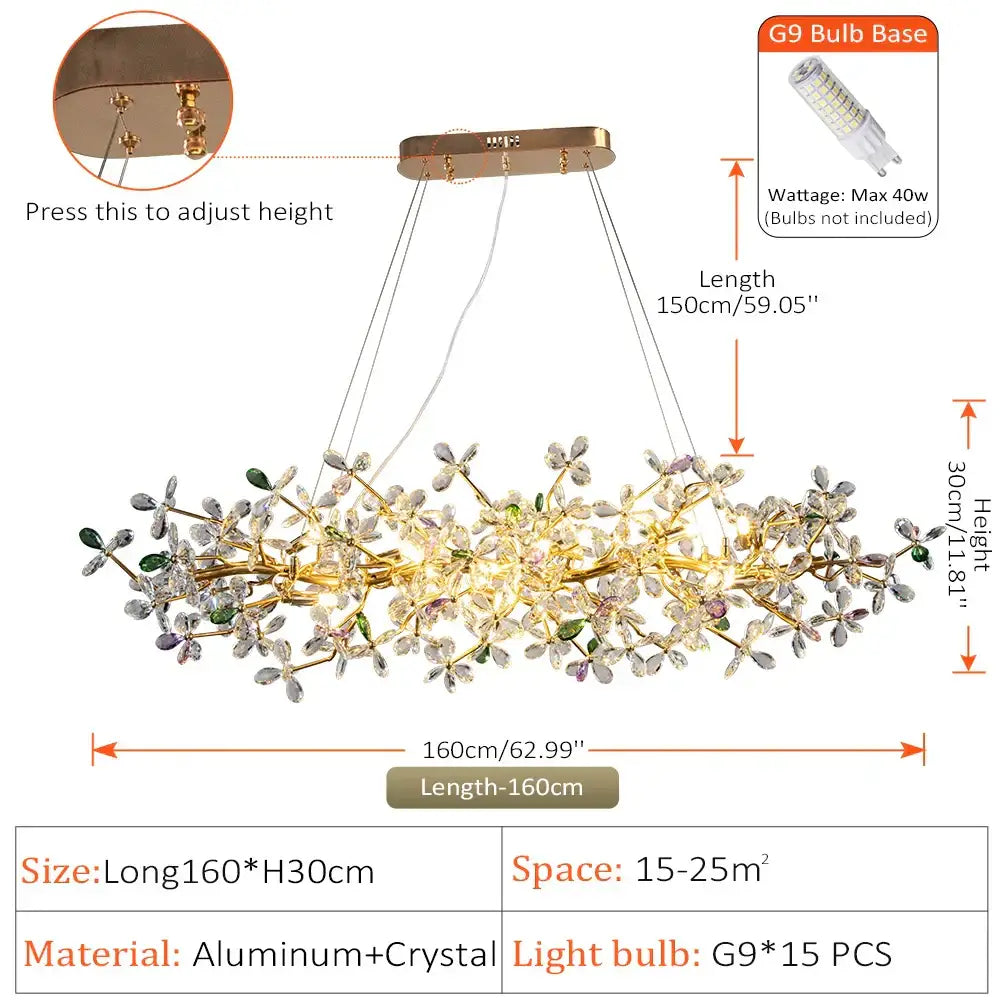 Luxury gold crystal flowers chandelier with decorbites crystal flower clusters and green accents for dining room decor