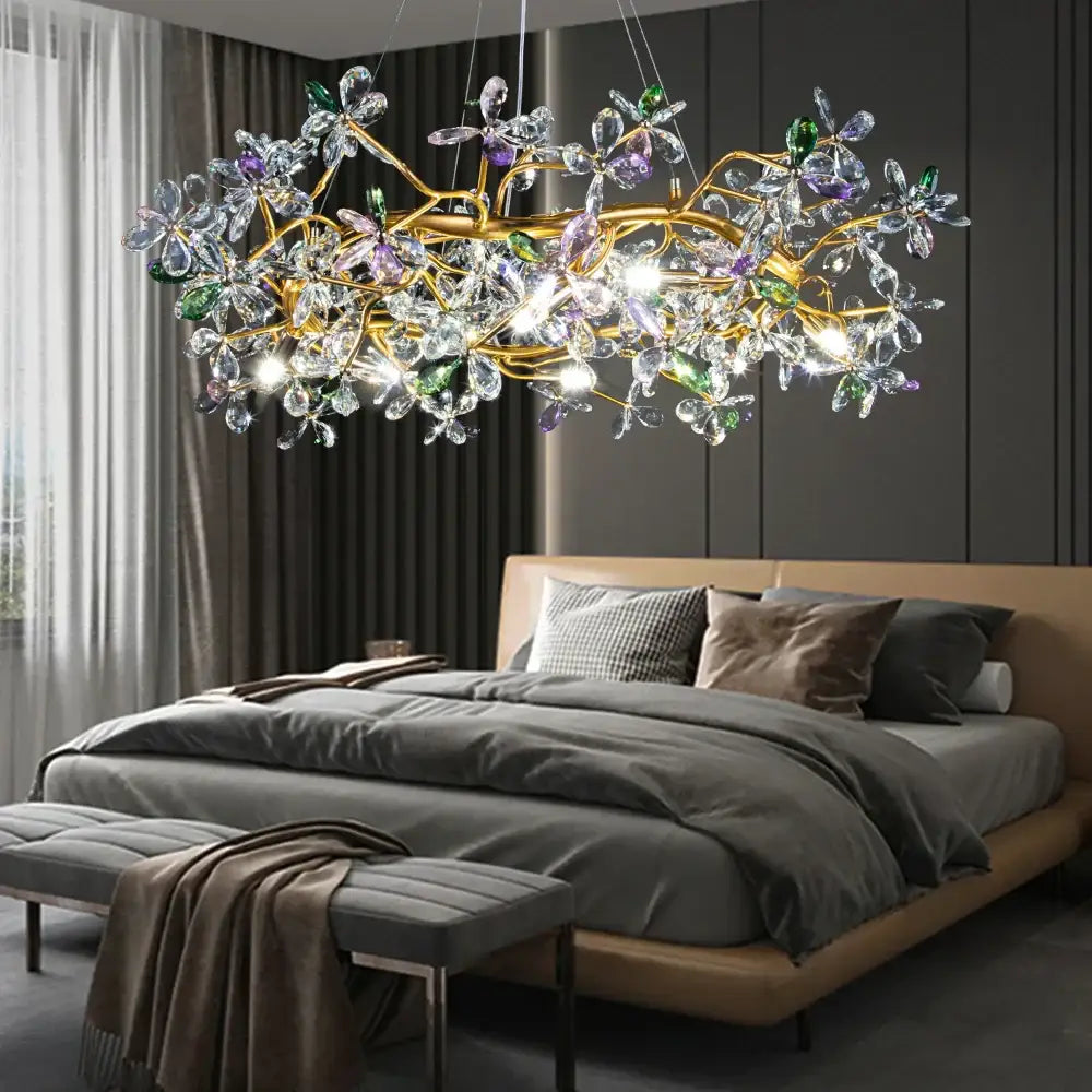 Luxury gold crystal flowers chandelier with clear purple and green decorbites crystal flowers for dining room decor