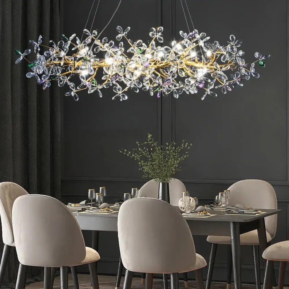 Luxury gold crystal flowers chandelier with decorbites crystal flowers and green purple accents for dining room decorbites crystal