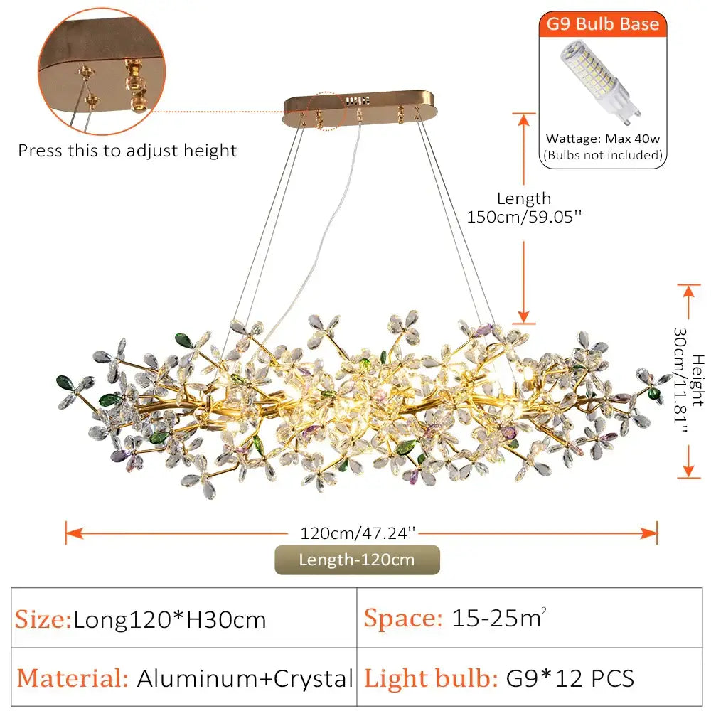 Luxury gold crystal flowers chandelier with decorbites crystal flowers and green accents on a sleek aluminum base