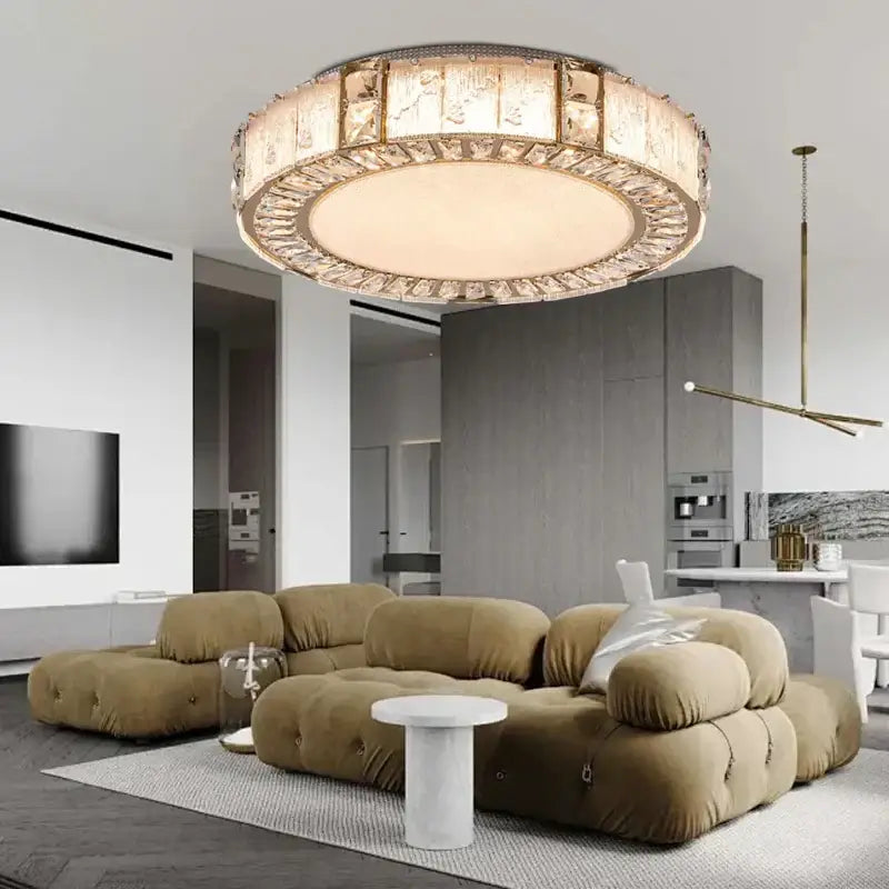 Luxury gold crystal glass ceiling light with gold-toned metal frame and crystal glass luxury panels for living room decorbites